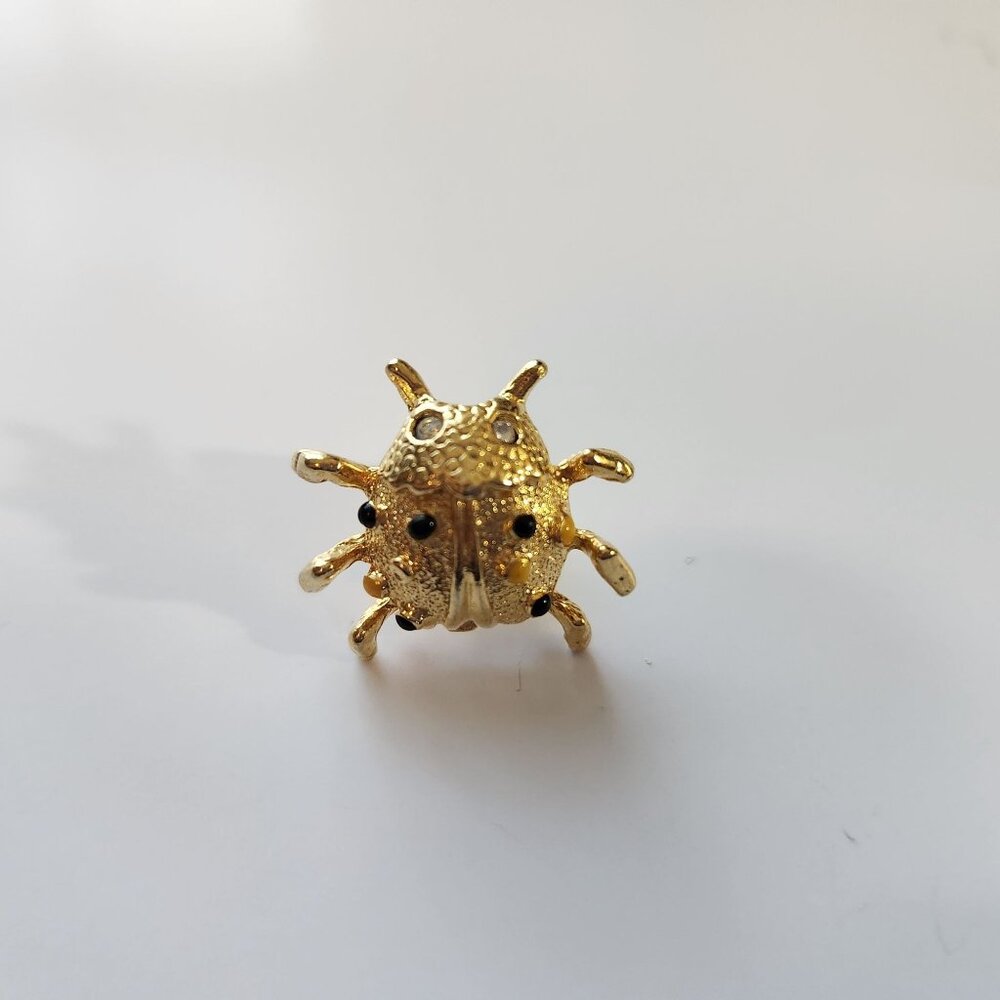 Vintage Ladybug Lapel Pin Brooch Gold-Tone With Rhinestones 1970's